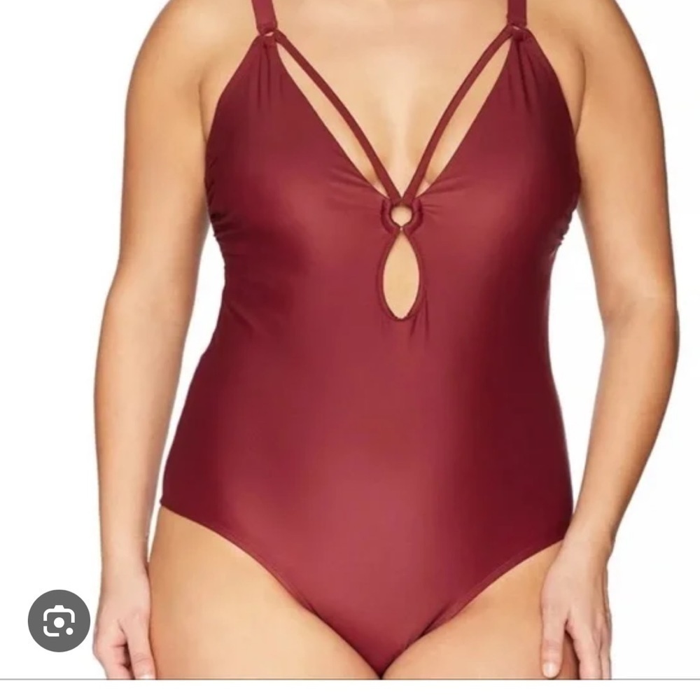Coastal Blue Women's Swimwear Maroon Wine Front Keyhole Tie Back Gold Hardware